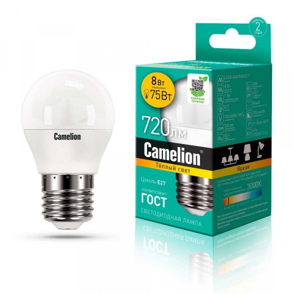 Лампа светодиодная Camelion E27 8W 3000K LED8-G45/830/E27 12392