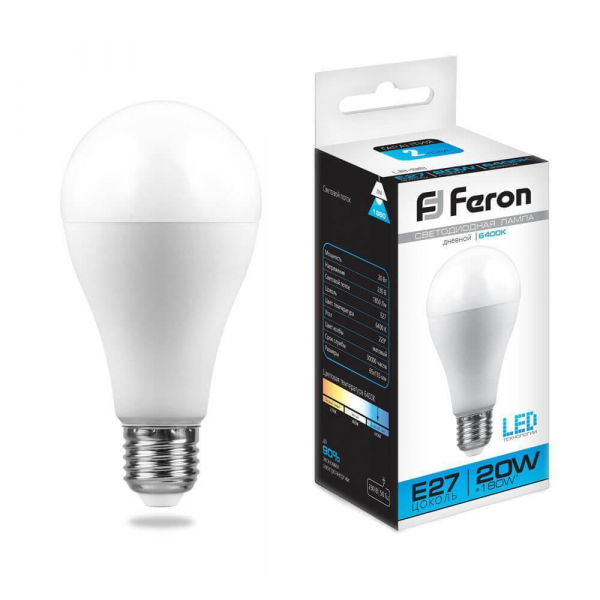 Лампа светодиодная Feron E27 20W 6400K Шар Матовая LB-98 25789