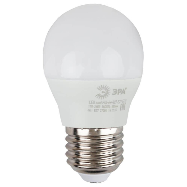 Лампа светодиодная ЭРА E27 6W 4000K матовая ECO LED P45-6W-840-E27 Б0020630 Лампа светодиодная ЭРА E27 6W 4000K матовая ECO LED P45-6W-840-E27 Б0020630