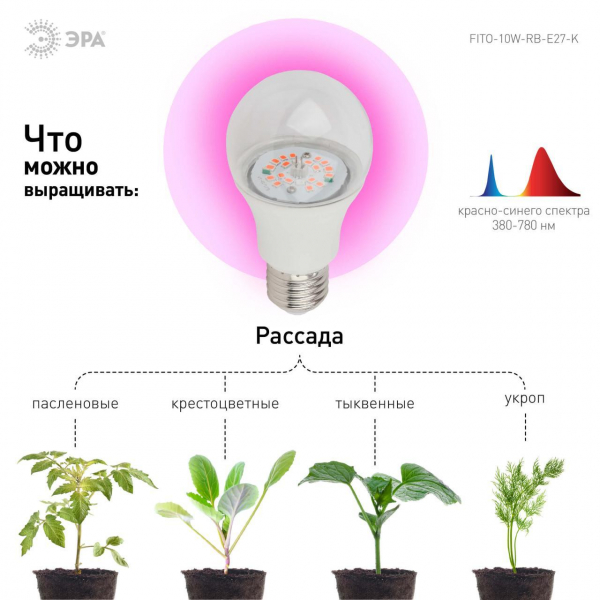 Лампа светодиодная для растений ЭРА E27 10W 1310K прозрачная FITO-10W-RB-E27-K Б0039069