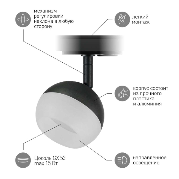 Трековый светильник однофазный ЭРА Round TR46-GX53 BK Б0054153