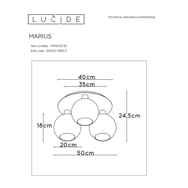Потолочная люстра Lucide Marius 74114/03/30 Потолочная люстра Lucide Marius 74114/03/30